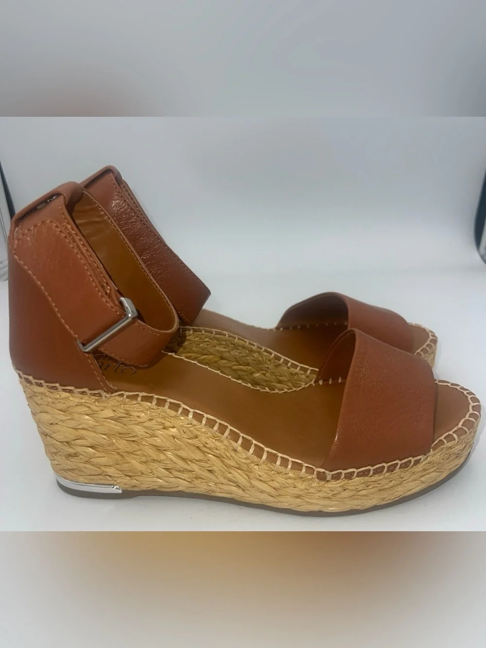 Franco Sarto Women’s Clemens Espadrille Wedge Sandal Cognac Brown Leather Size 8
